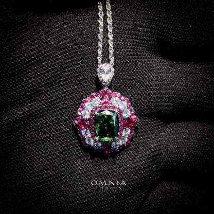 Omnia Maliya Green and Pink Necklace in 92.5 Silver with High Quality Simulated Diamonds - Image 2