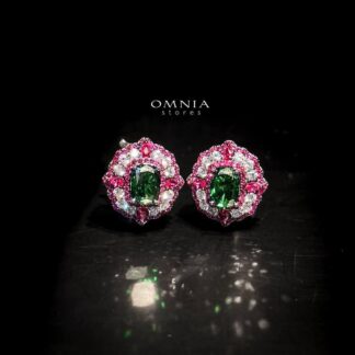 Omnia Maliya Green and Pink Earrings in 92.5 Silver with High Quality Simulated Diamonds