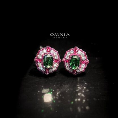 Omnia Maliya Green and Pink Earrings in 92.5 Silver with High Quality Simulated Diamonds
