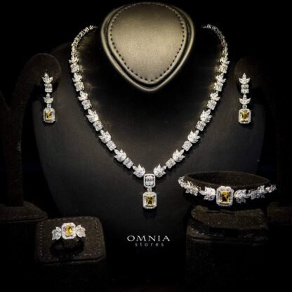 Omnia Ethereal Collection Yellow Emerald Cut Vine Set in High Quality Zircon Stone Rhodium Plated