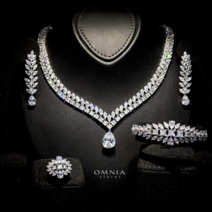 Omnia Dalal Bridal White Full Set with Teardrop Design in High Quality Zircon Stone Rhodium Plated - Image 2