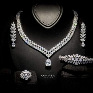 Omnia Dalal Bridal White Full Set with Teardrop Design in High Quality Zircon Stone Rhodium Plated