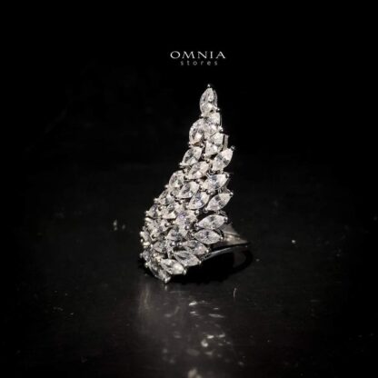 Omnia Statement Leaf Design Ring in 92.5 Silver with High Quality Iced Cut Stones - Image 3