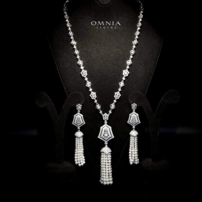 Omnia Lulu White Set in 92.5 Silver with High Quality Simulated Diamonds and Pearl Tassel Detailing - Image 2