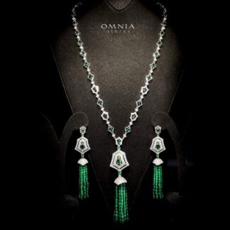 Omnia Najma Green Set in 92.5 Silver with High Quality Simulated Diamonds and Green Tassel Accents