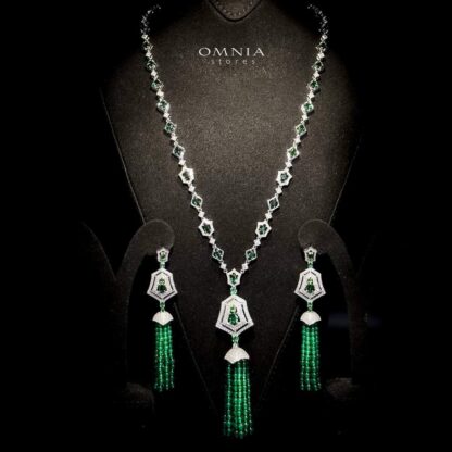 Omnia Najma Green Set in 92.5 Silver with High Quality Simulated Diamonds and Green Tassel Accents