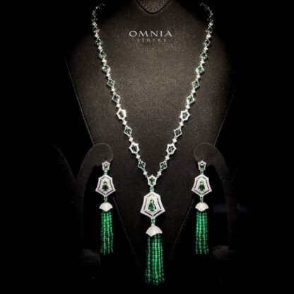 Omnia Najma Green Set in 92.5 Silver with High Quality Simulated Diamonds and Green Tassel Accents - Image 2