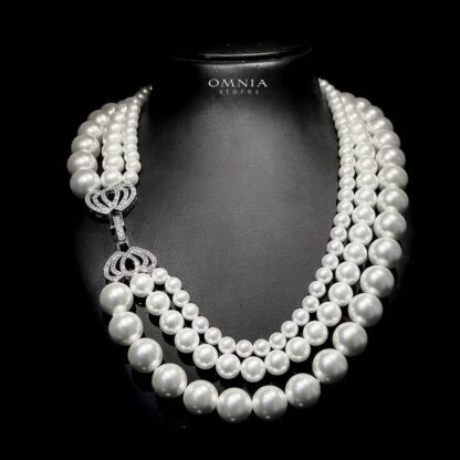 Omnia Aziza White Triple Layer Necklace with Artificial Pearls in High-Quality Copper Plated - Image 3