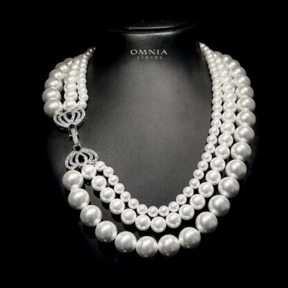 Omnia Aziza White Triple Layer Necklace with Artificial Pearls in High-Quality Copper Plated