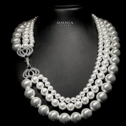 Omnia Aziza White Triple Layer Necklace with Artificial Pearls in High-Quality Copper Plated - Image 2