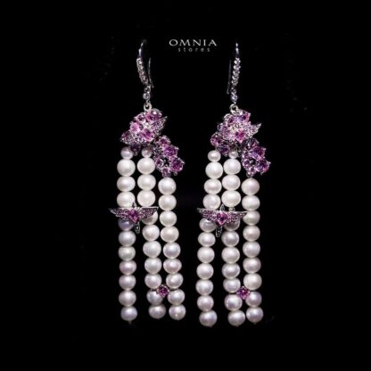 Omnia Blossom Pearl Drop Earrings in 92.5 Silver with Pink Accents and High Quality Simulated Diamonds - Image 2