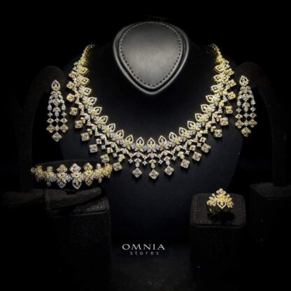 Omnia Hana Golden Bridal Full Set with Square and Teardrop Cut Stones in High Quality Zircon Stone in Rhodium Plated