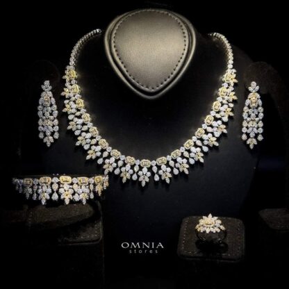 Omnia Sara Golden Bridal Full Set with Leaf Cut Stones in High Quality Zircon Stone in Rhodium Plated - Image 2