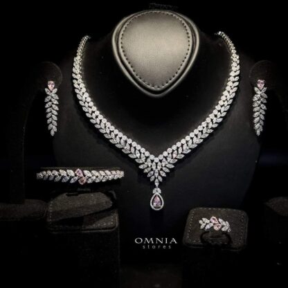 Omnia Lilia Pink Bridal Full Set with Teardrop Pendant and Leaf Cut Stones in High Quality Zircon Stone in Rhodium Plated