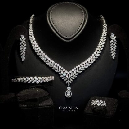 Omnia Lilia White Bridal Full Set with Teardrop Pendant and Leaf Cut Stones in High Quality Zircon Stone in Rhodium Plated - Image 2