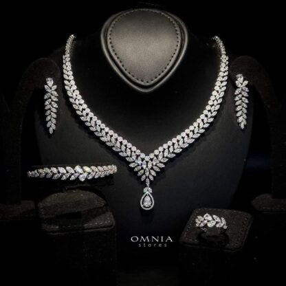 Omnia Lilia White Bridal Full Set with Teardrop Pendant and Leaf Cut Stones in High Quality Zircon Stone in Rhodium Plated