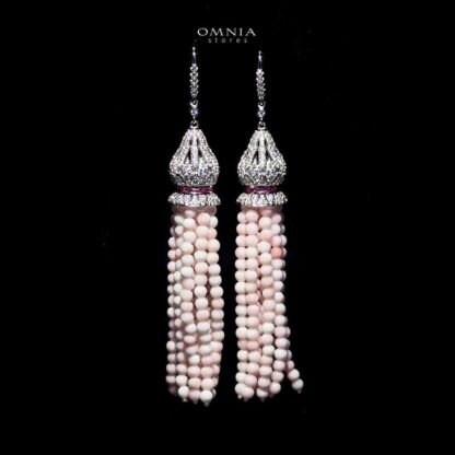 Omnia Ghadir Pink Tassel Earrings with Real Beads in 92.5 Silver and High Quality Simulated Diamonds