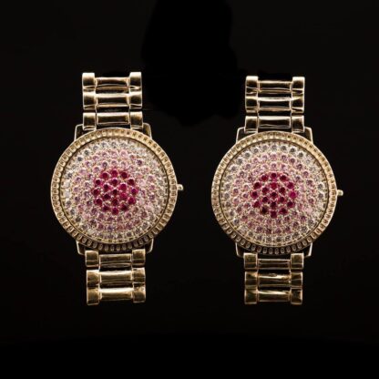 Omnia Hanan Golden Round Stud Earrings with Radiant Pink and Red Crystals in High-Quality Zircon Stone - Image 3