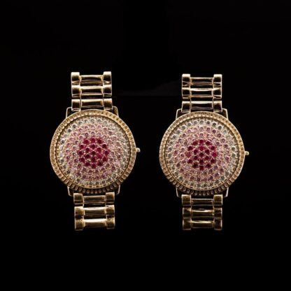 Omnia Hanan Golden Round Stud Earrings with Radiant Pink and Red Crystals in High-Quality Zircon Stone