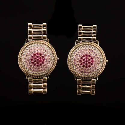 Omnia Hanan Golden Round Stud Earrings with Radiant Pink and Red Crystals in High-Quality Zircon Stone - Image 2