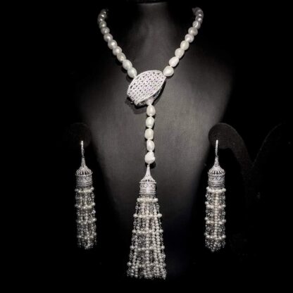 Omnia Fresh Real Water Pearl Long Chain Necklace & Drop Pearl Earrings in 92.5 Silver with High-Quality Simulated Diamonds - Image 2