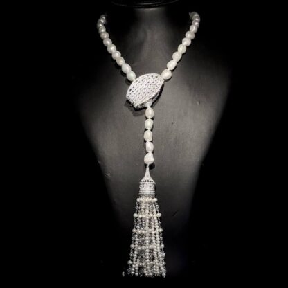 Omnia Fresh Real Water Pearl Long Chain Necklace & Drop Pearl Earrings in 92.5 Silver with High-Quality Simulated Diamonds - Image 5