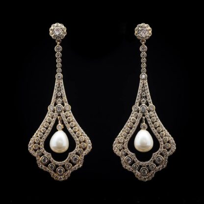 Omnia Golden Teardrop Earrings with High-Quality Zircon Stones and Pearl in Rhodium Plated