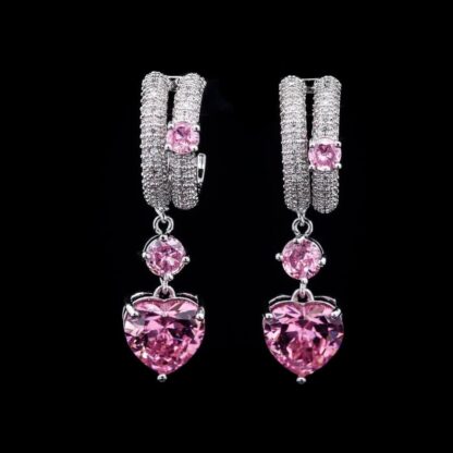 Omnia Pink Heart Drop Earrings in High-Quality Pink Zircon Stone with Double Hoop Design in Rhodium Plated - Image 2