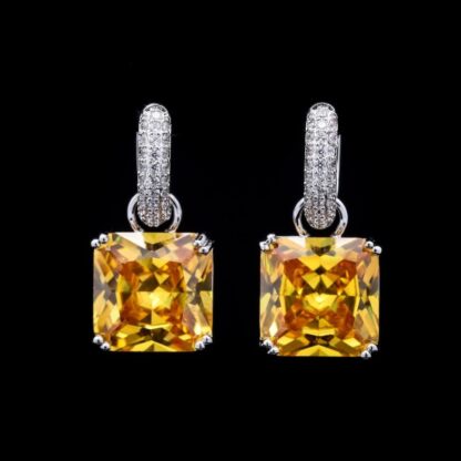 Omnia Helen Cushion Cut Drop Earrings with Yellow Zircon in High Quality Rhodium Plated