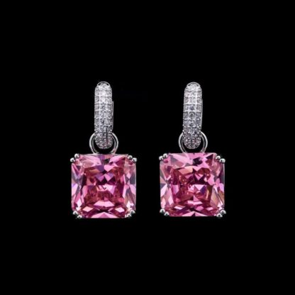 Omnia Helen Cushion Cut Drop Earrings with Pink Zircon in High Quality Rhodium Plated