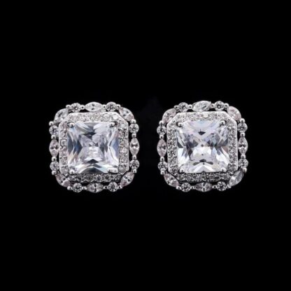 Omnia Natalie White Cushion Stud Earrings in High-Quality Zircon Stone in Rhodium Plated