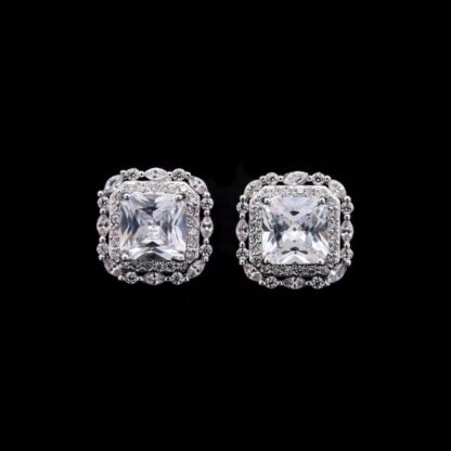 Omnia Natalie White Cushion Stud Earrings in High-Quality Zircon Stone in Rhodium Plated - Image 2