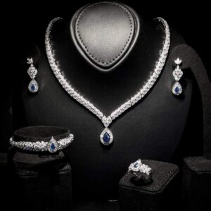 Omnia Aamira Teardrop-Design Bridal Navy Blue Full Set with High-Quality Zircon Stones in Rhodium-Plated Finish