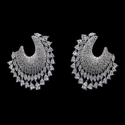 Omnia Hanin Cascade-Design Statement Earrings with High-Quality Zircon Stones in Rhodium-Plated Finish - Image 2