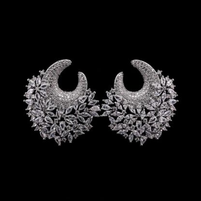 Omnia Layla Pure White Floral Crescent Hoop Earrings with Zircon Accents in High Quality Zircon Stone Rhodium Plated - Image 2