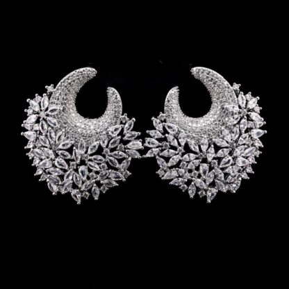 Omnia Layla Pure White Floral Crescent Hoop Earrings with Zircon Accents in High Quality Zircon Stone Rhodium Plated