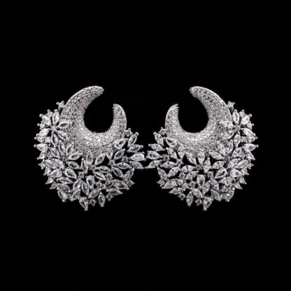 Omnia Layla Pure White Floral Crescent Hoop Earrings with Zircon Accents in High Quality Zircon Stone Rhodium Plated - Image 3