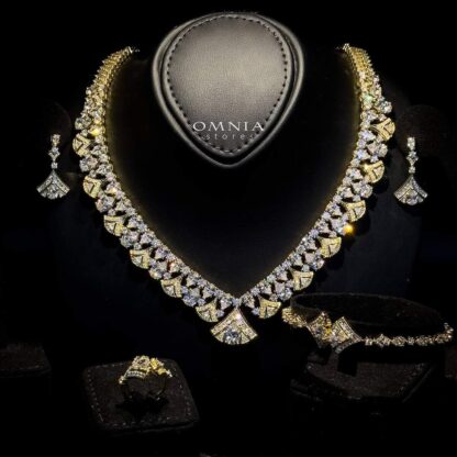 Omnia Elizabeth Golden Bridal Full Set with Pear and Round Cut High-Quality Simulated Diamonds in an Elegant Gold-Tone Rhodium Plated Finish Available Only in Saudi Arabia