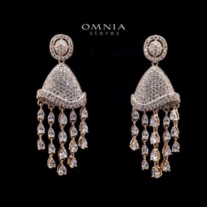 Omnia Gold Dome Drop Earrings with Pave-Set and Pear-Cut High-Quality Simulated Diamonds in a Gold-Tone Rhodium Plated Finish