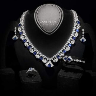 Omnia Elizabeth Sapphire Grace Bridal Full Set with Pear and Round Cut High-Quality Simulated Diamonds and Blue Gemstones in a Luxurious Rhodium Plated Finish