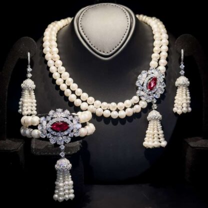 Omnia Dahlia Bridal Pearl Set with Ruby Red Stone in High-Quality Simulated Diamonds - Image 10