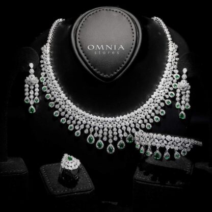 Omnia Daisy Green Bridal Full Set in High Quality Zircon Stone in Rhodium Plated