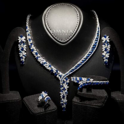 Omnia Basant Blue Bridal Full Set with Sparkling Zircon Stones in High-Quality Rhodium Plated Finish