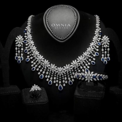 Omnia Anoud blue Bridal Full Set with Sparkling Zircon Stones in High-Quality Rhodium Plated Finish