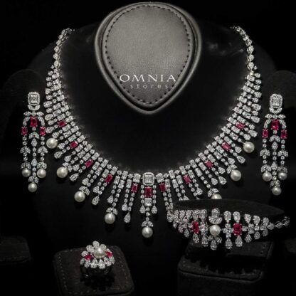 Omnia Sirella Maroon Bridal Full Set with Intricate Cascading Zircon and Pearl Design in High-Quality Rhodium Plated - Image 5