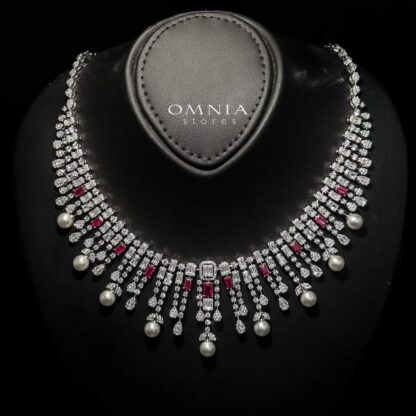 Omnia Sirella Maroon Bridal Full Set with Intricate Cascading Zircon and Pearl Design in High-Quality Rhodium Plated - Image 6