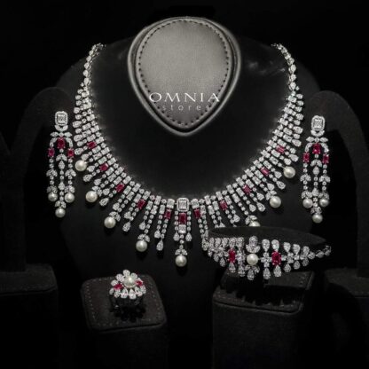 Omnia Sirella Maroon Bridal Full Set with Intricate Cascading Zircon and Pearl Design in High-Quality Rhodium Plated