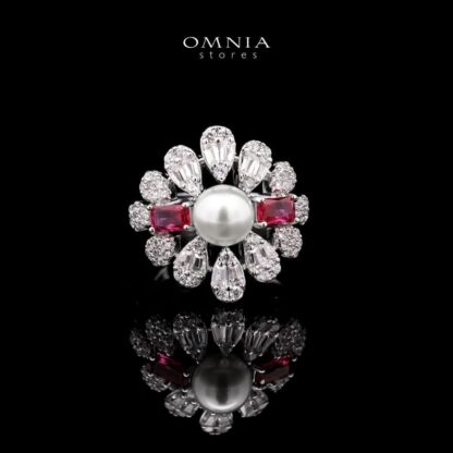 Omnia Sirella Maroon Bridal Full Set with Intricate Cascading Zircon and Pearl Design in High-Quality Rhodium Plated - Image 3