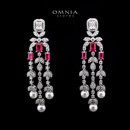 Omnia Sirella Maroon Bridal Full Set with Intricate Cascading Zircon and Pearl Design in High-Quality Rhodium Plated - Image 2