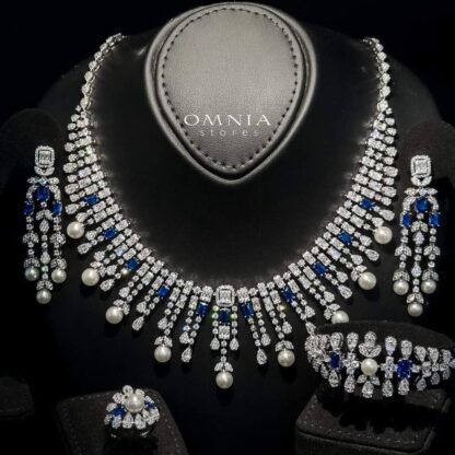 Omnia Sirella Blue Bridal Full Set with Intricate Cascading Zircon and Pearl Design in High-Quality Rhodium Plated - Image 5